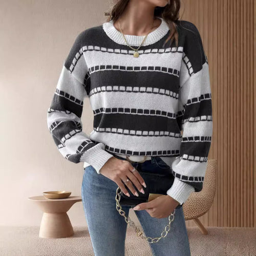 Dames moderigtige chunky strikket sweater med brede striber og afslappede ærmer Stilla