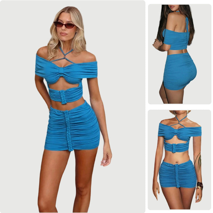 Kvinders cropped top og mini nederdel sæt med samlinger og off-shoulder design
