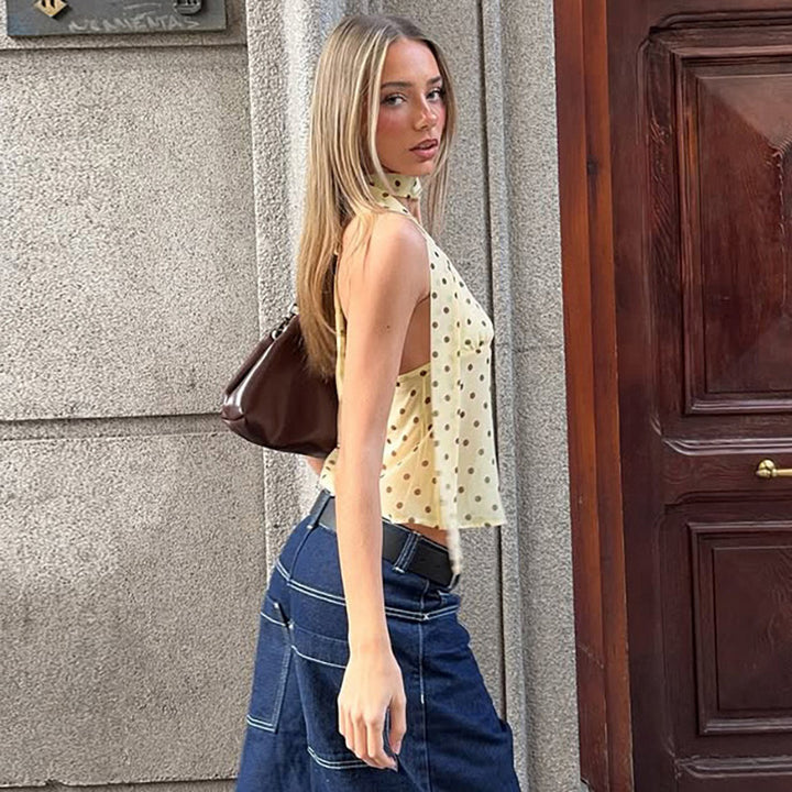 Dame Legesyngt Polka Dot Top med Halter-design og smart Bindingsdetalje Skovae