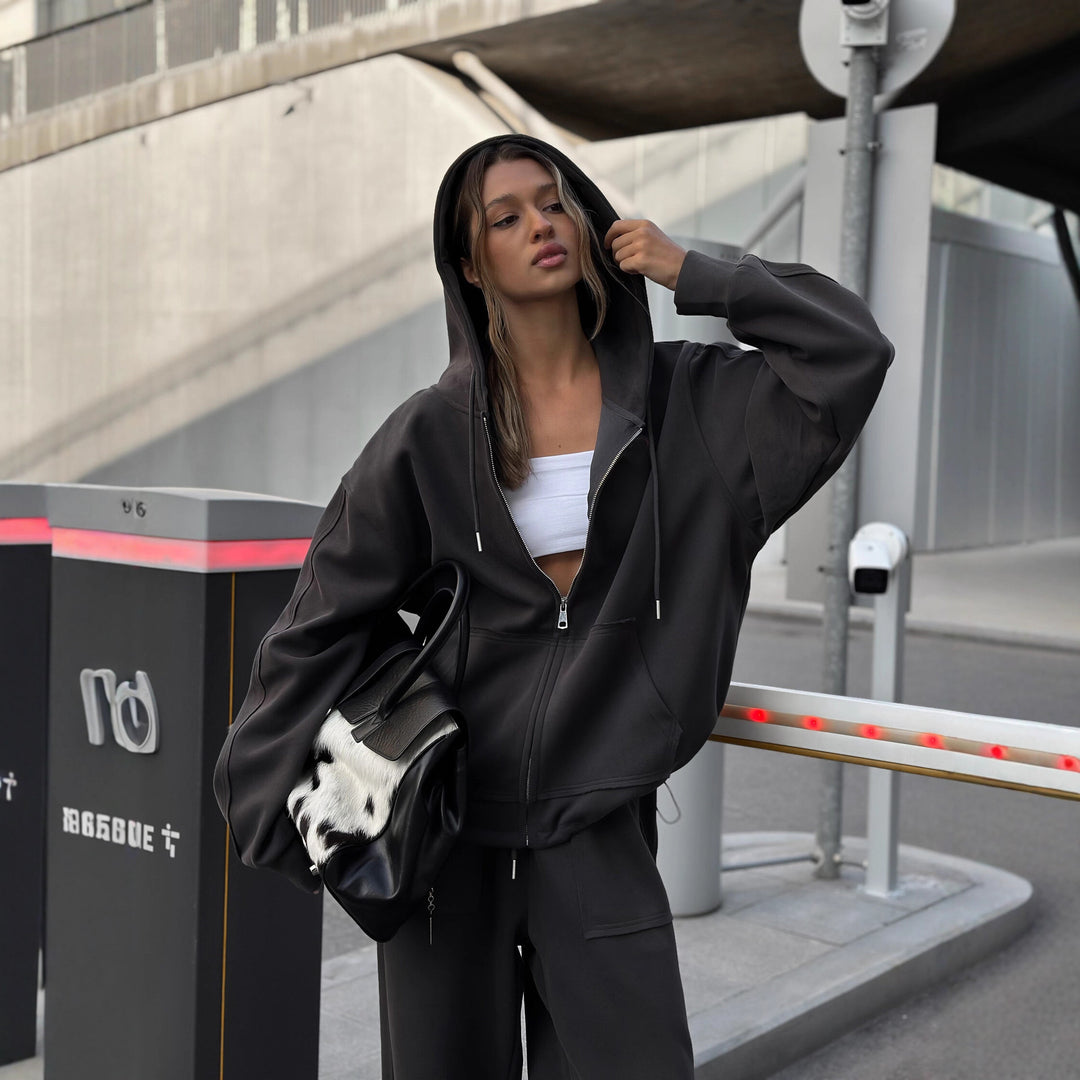 Dames mønstret oversized sweatshirtjakke med bred pasform og elastisk kant Skovae