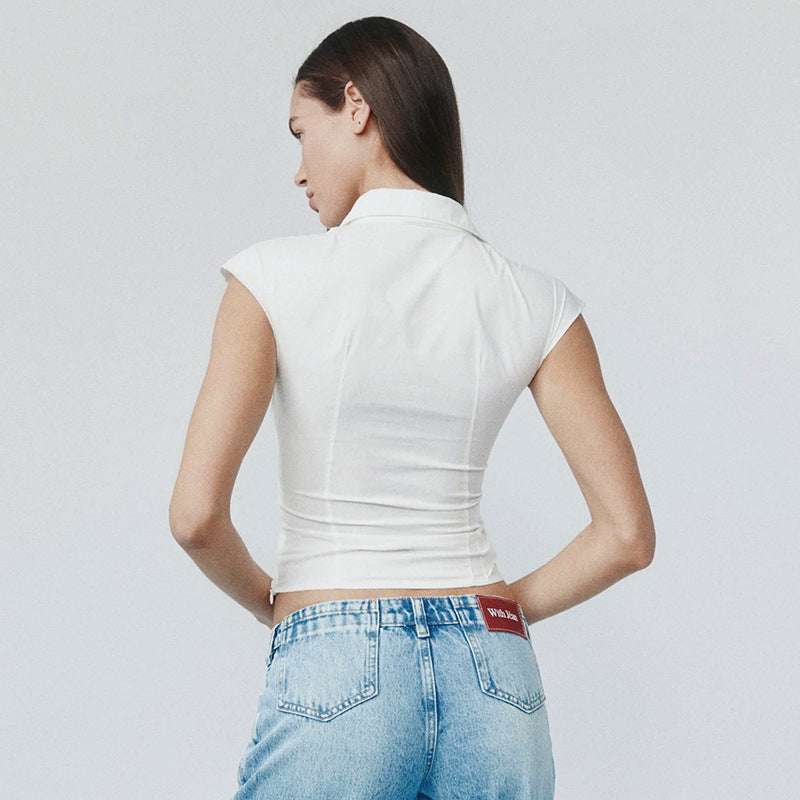 Dame elegant kortærmet bluse med knudeformet design Skovae