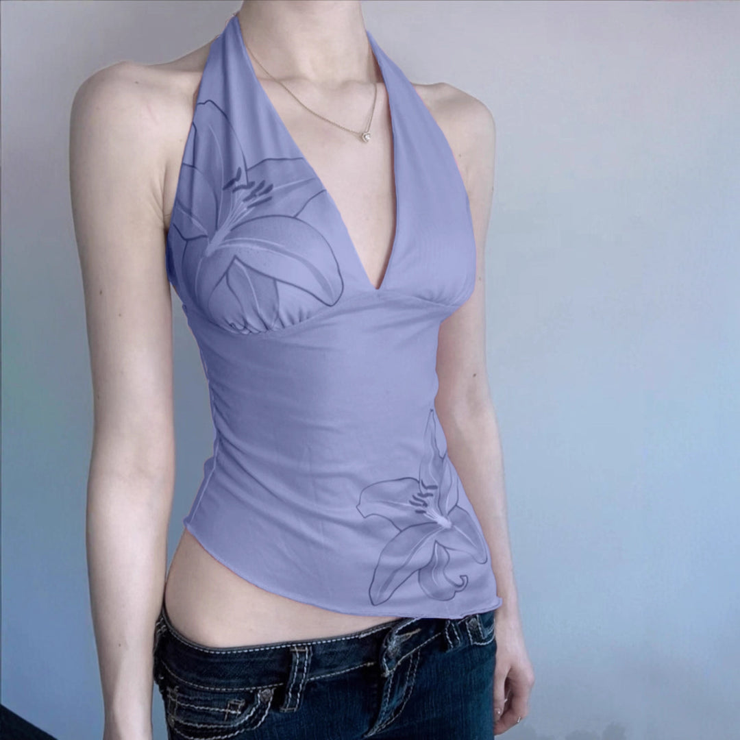 Dame Halterneck top med blomsterdesign og asymmetrisk snit Skovae
