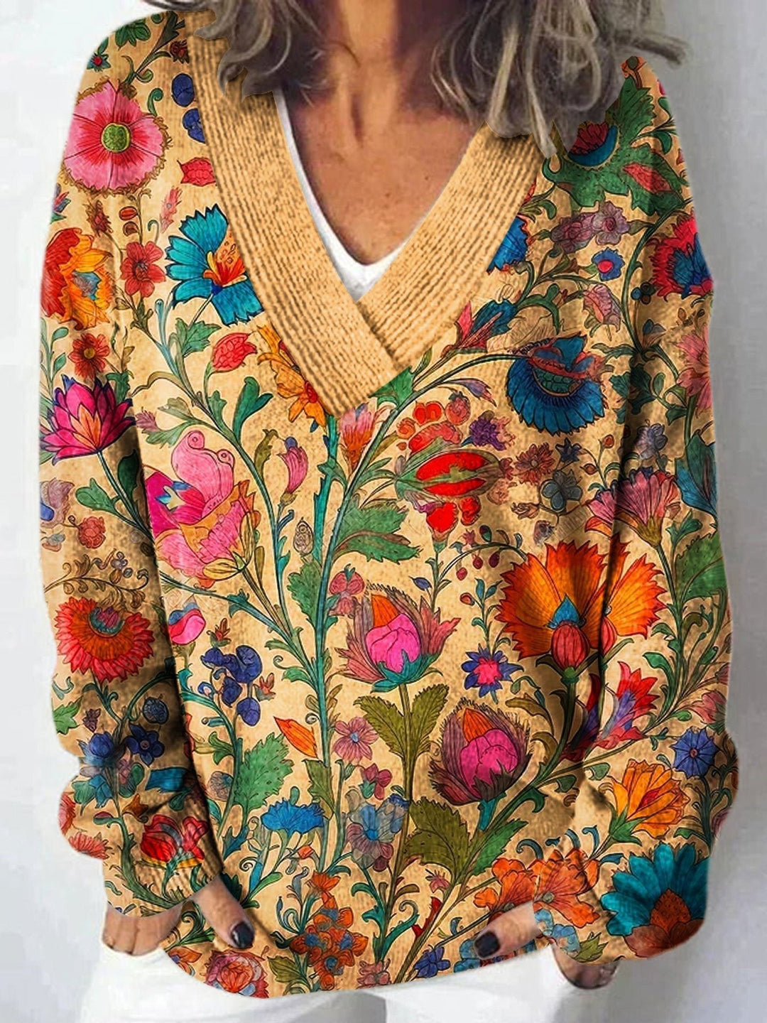 Kvinders V-hals sweater med blomsterdesign og afslappet pasform Stilla