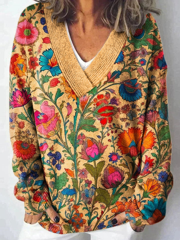 Kvinders V-hals sweater med blomsterdesign og afslappet pasform Stilla