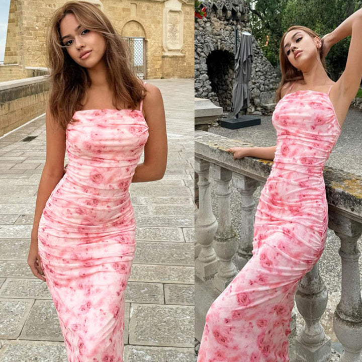 Dame Floral Print Raffung Bodycon Kjole Stilla
