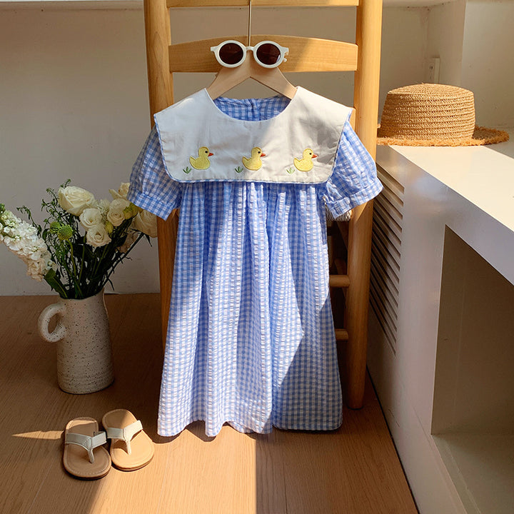Pigeænder broderet gingham kjole Stilla