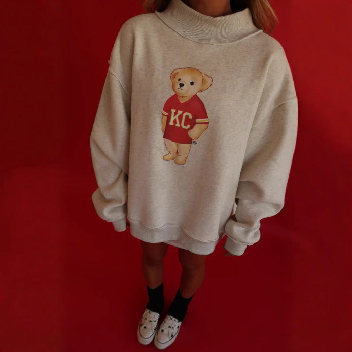 Dame let løst skåret sweatshirt med teddy-bjørn print og høj krave Skovae