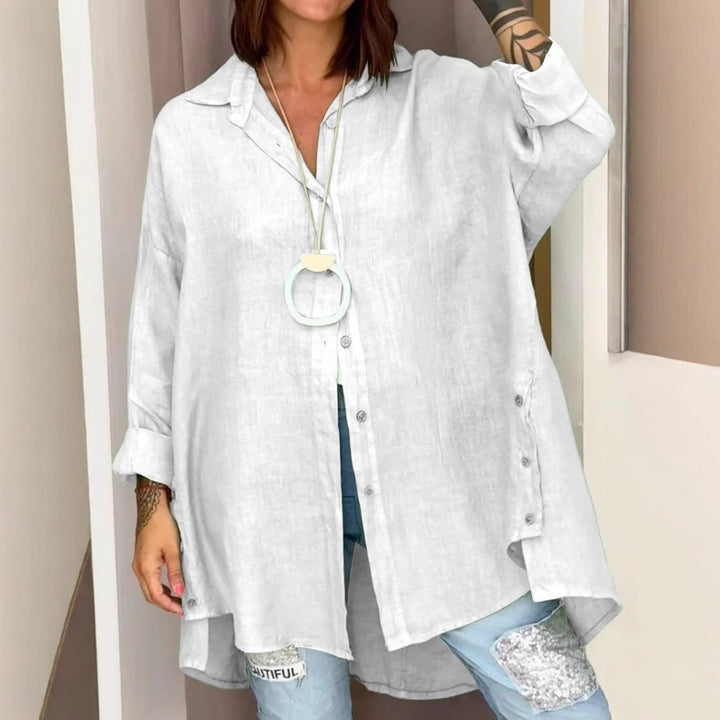 Dame Lækre Linned Bluse med asymmetrisk snit og praktiske knapper Stilla