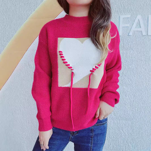 Damer fashionable sweater med hjerteapplikation og bag træksnor Stilla