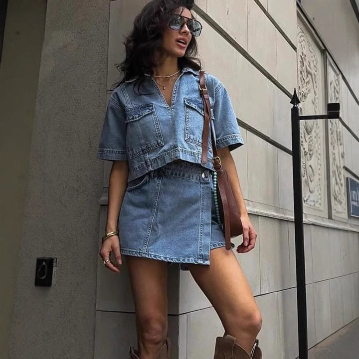 Dame Løs Denim-Crop-Top med matchende Nederdel Stilla