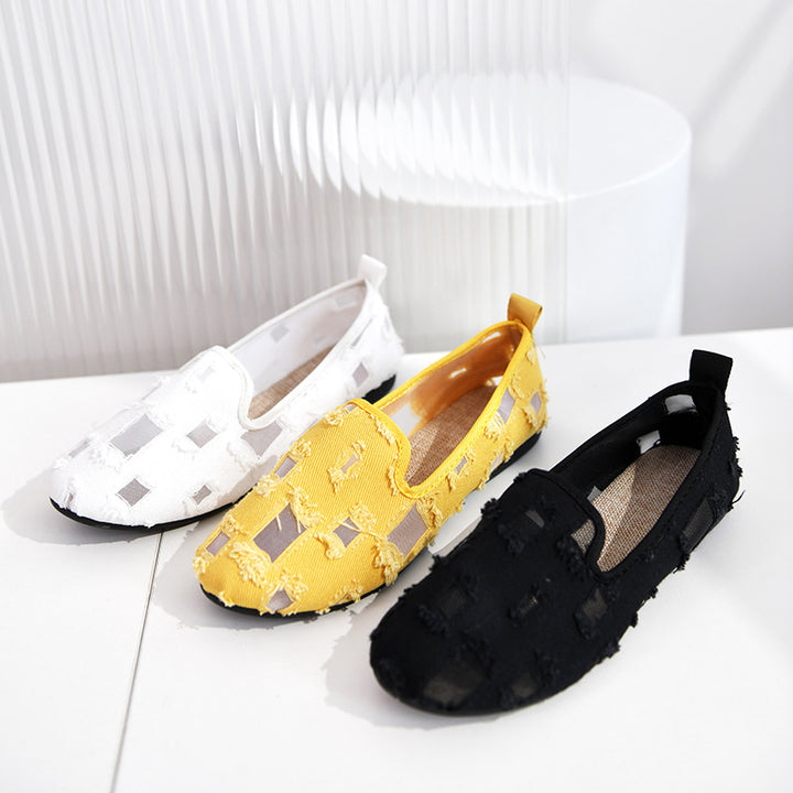 Damer med casual slip-on sko med netindsatser og frayed denim detaljer Skovae