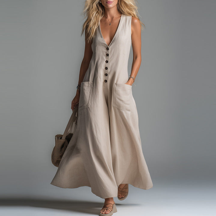 Dame elegant jumpsuit med dyb V-udskæring og praktiske lommer Skovae