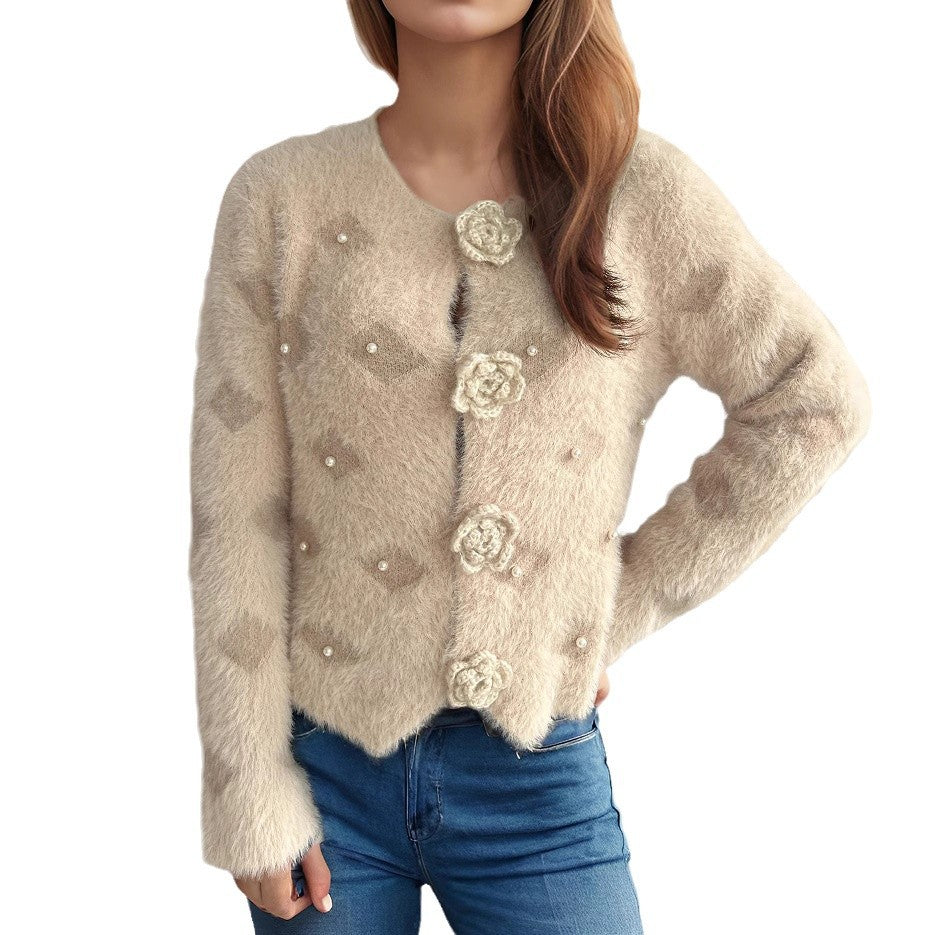 Kvinders fine cardigan med blomsterapplikationer og perleaccenter Stilla