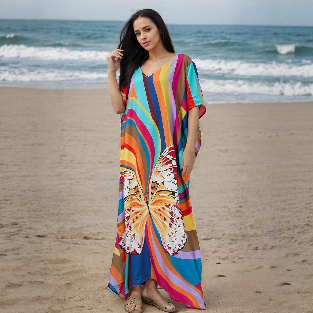 Dame Strandkaftan med farverigt sommerfugletryk Stilla