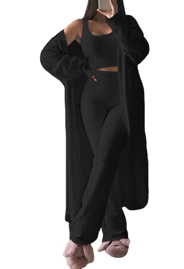 Dame komfortabel strik-loungewear-sæt med cardigan og dyb talje Stilla