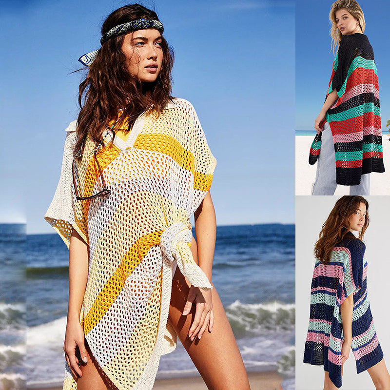 Dame strik strand poncho med modige kontraststriber Stilla
