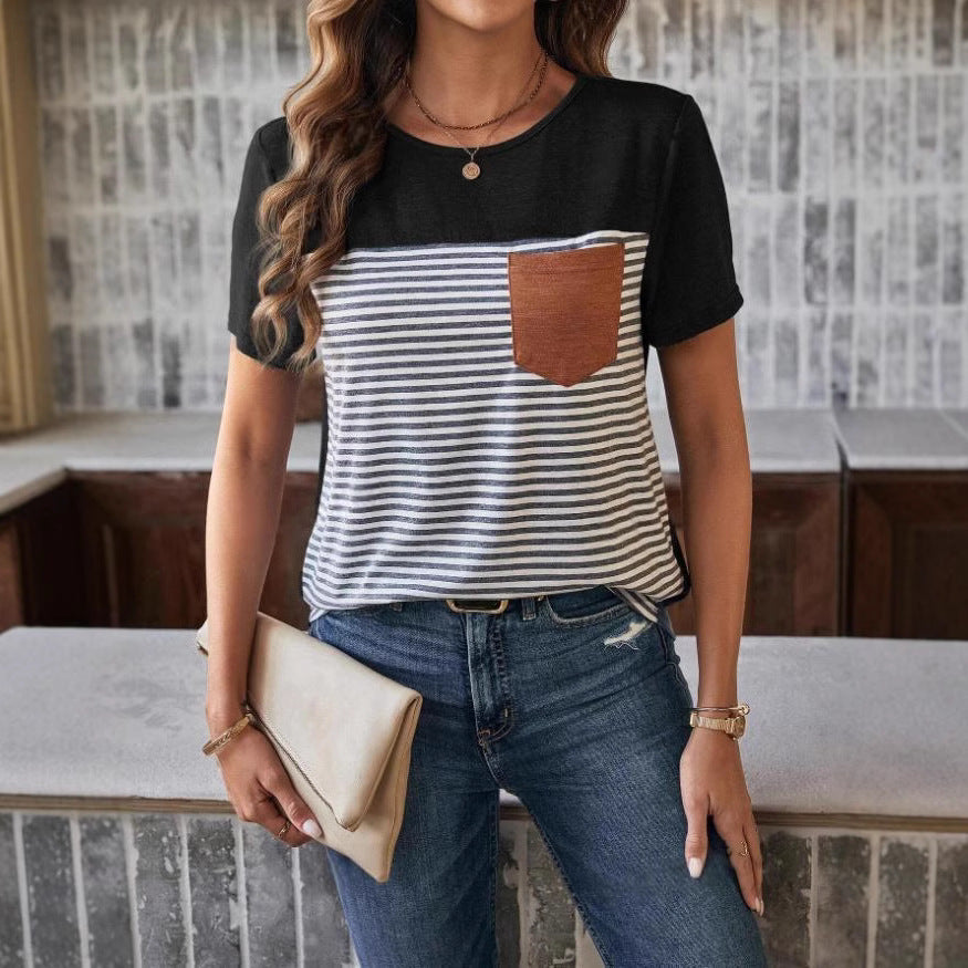 Dame Trendy T-shirt med stribet design og lædertaske Skovae