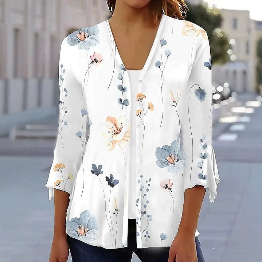 Dame nan let chiffon bluse med akvarel blomstertryk, V-halsudskæring, knapliste og trekvartærmer Skovae