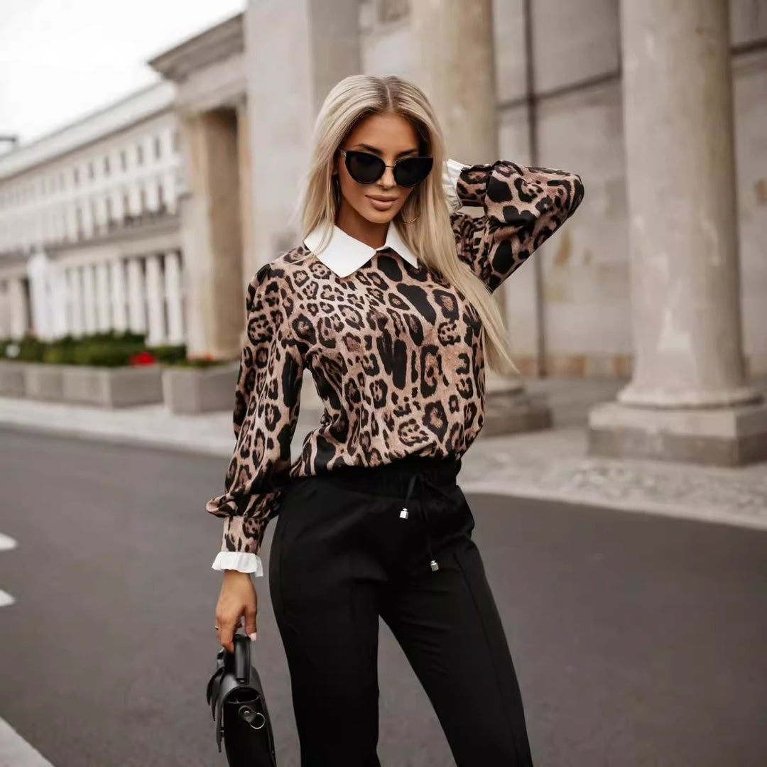 Dame Elegant Bluse med animalisk mønster og raffineret krave Stilla