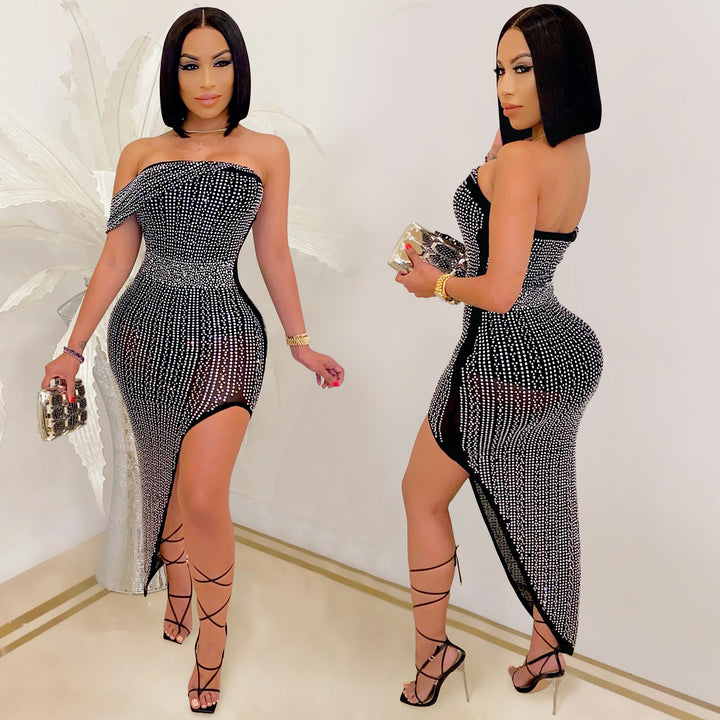 Dame Glamourøst Strapless Minikjole med Strass-applikationer og sexet split Stilla
