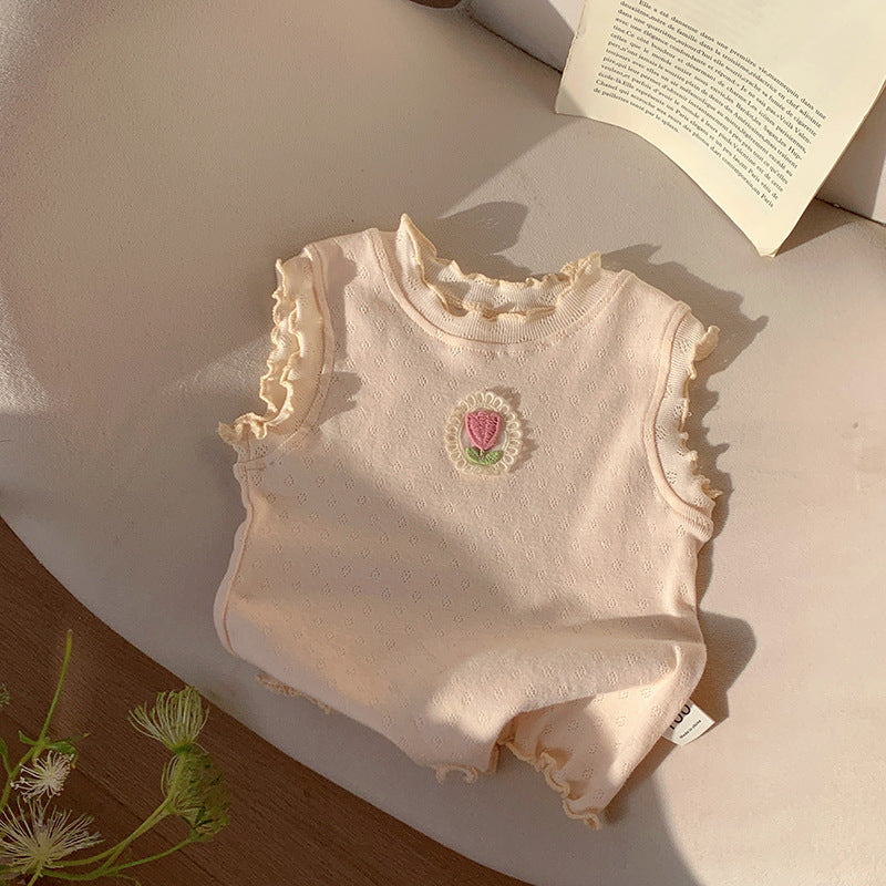 Pige Rynkeindsats Floral Applikation Bodysuit Stilla