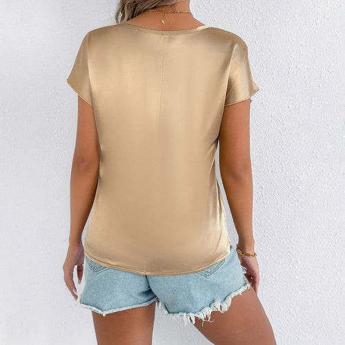 Dame luksuriøs satin top med elegant snit og afslappede ærmer Skovae