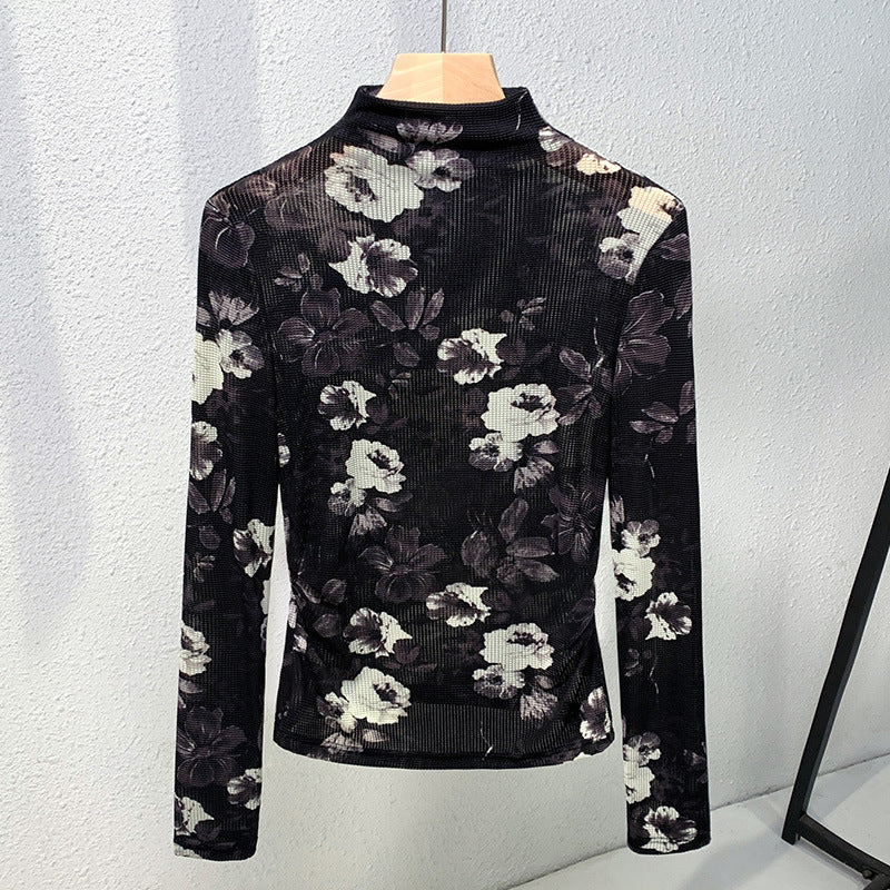Dame Langærmet skjorte med blomsterprints og høj stålkrave Stilla