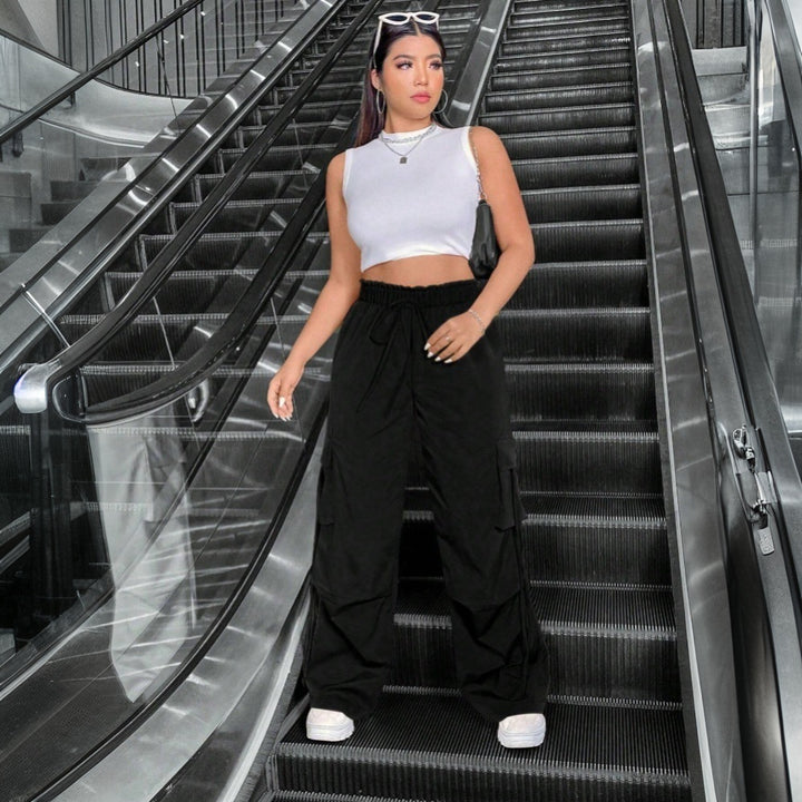 Dame casual cargo høj talje bukser med praktiske lommer og snøre Stilla