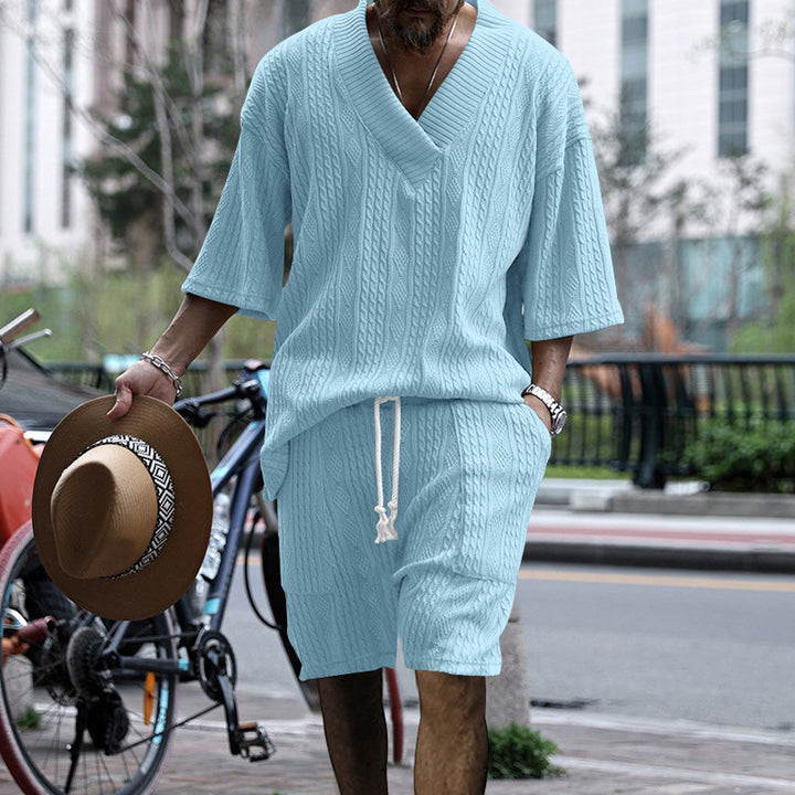 Herren casual struktur strik sæt med dyb V-udskæring boxy kortærmet sweater og snore shorts Skovae