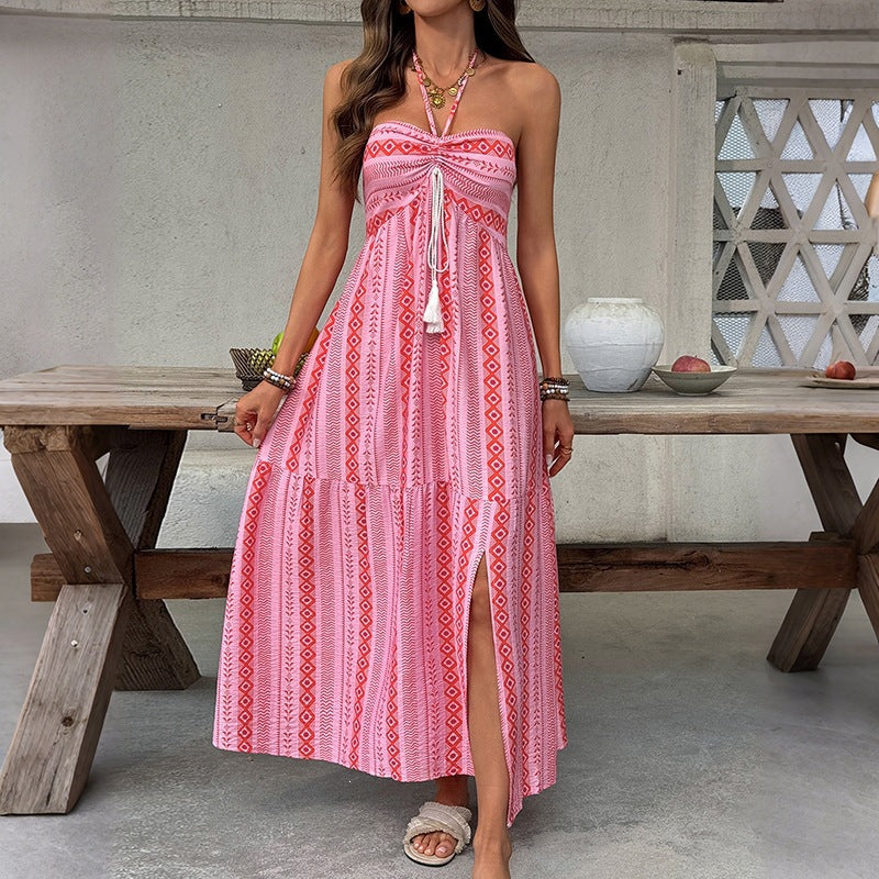 Damen Maxi-Strandkleid mit elastischem Oberteil und verspieltem Muster Skovae