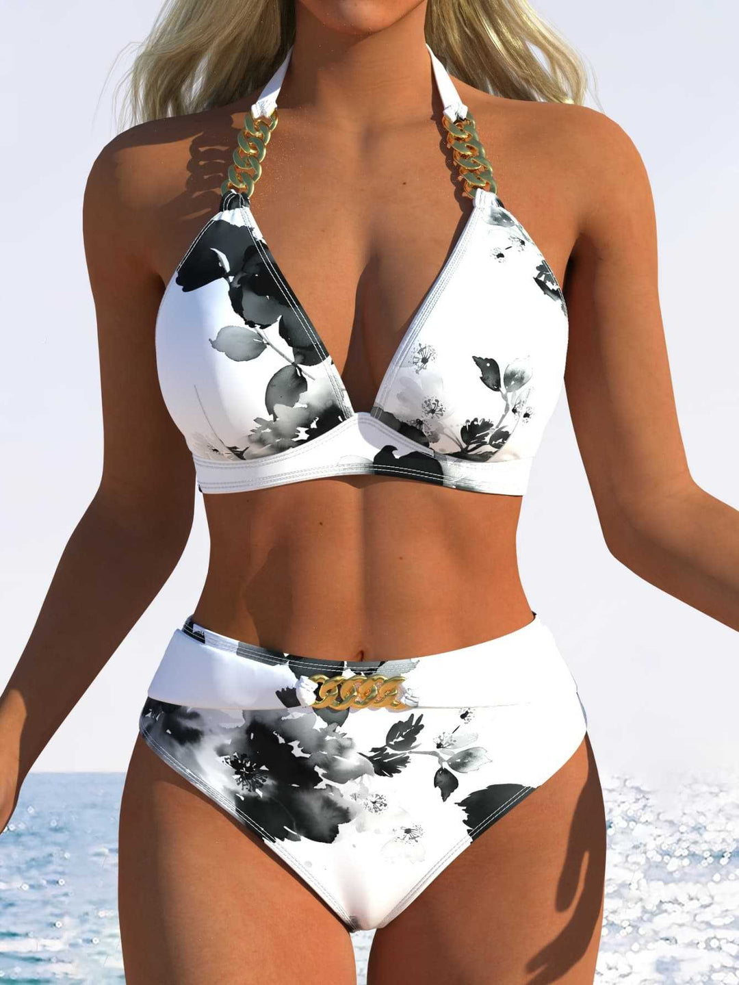 Dame Triangle-Bikini med justerbare bindebånd og moderigtig bølgemønster Skovae