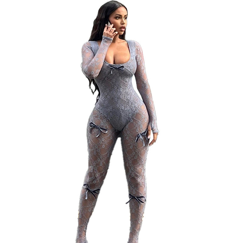 Dame bodysuit i fin lace med dekorative sløjfer Stilla
