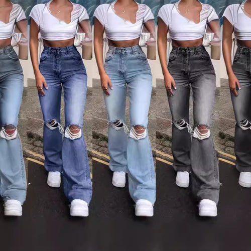 Dame Vintage Schlagjeans med moderigtige riv detaljer og høj talje Skovae
