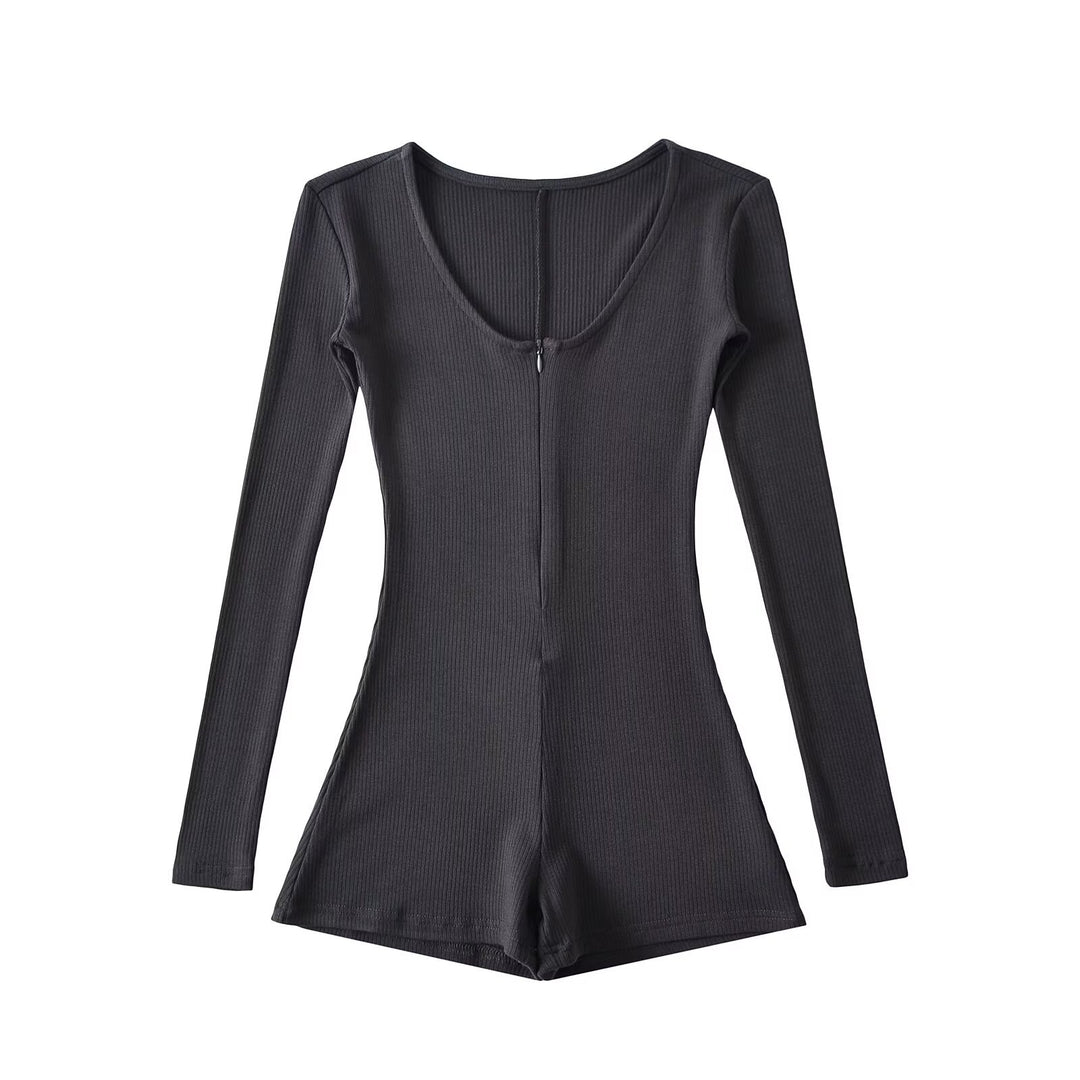 Dame Langærmet Playsuit med dyb Rundhalssnit og praktisk Lynlås Stilla