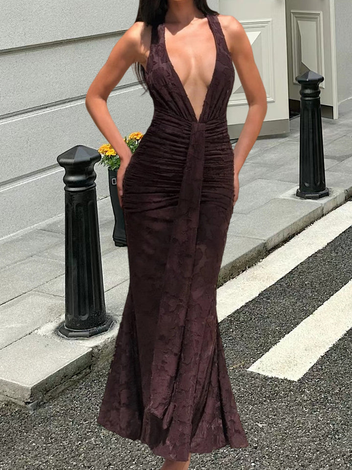 Damer Elegant Maxi Kjole med Dyb V-Hals og Volang Design