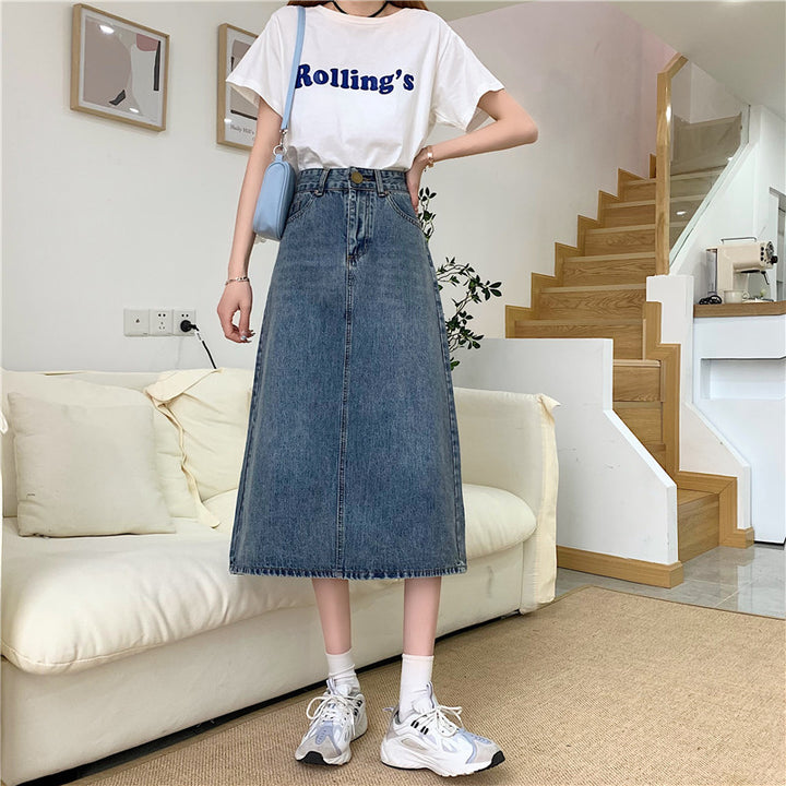 Dame Lang Denim Nederdel med Høj Udkæring og Dekorative Sømme Stilla