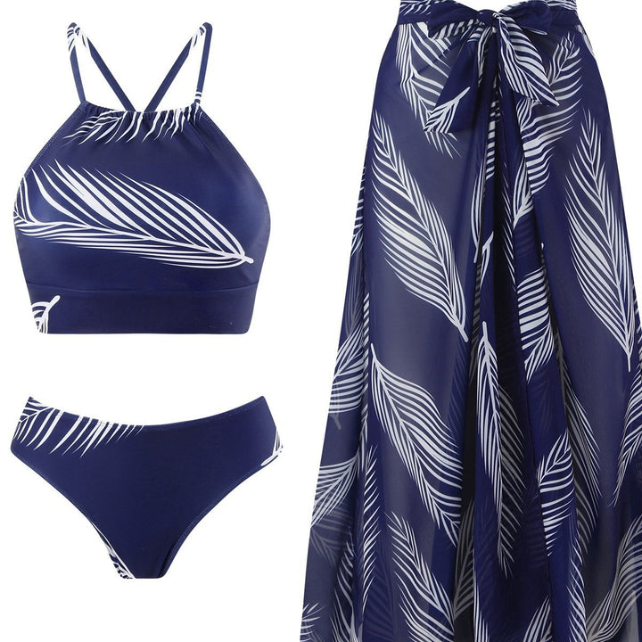 Dame bikini-sæt med stilfuld indpakningsnederdel og trendy bladdesign Stilla