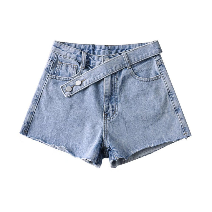 Damer Højtaljede Denim-Shorts med bredt bælte og moderigtige frynsede kant Stilla