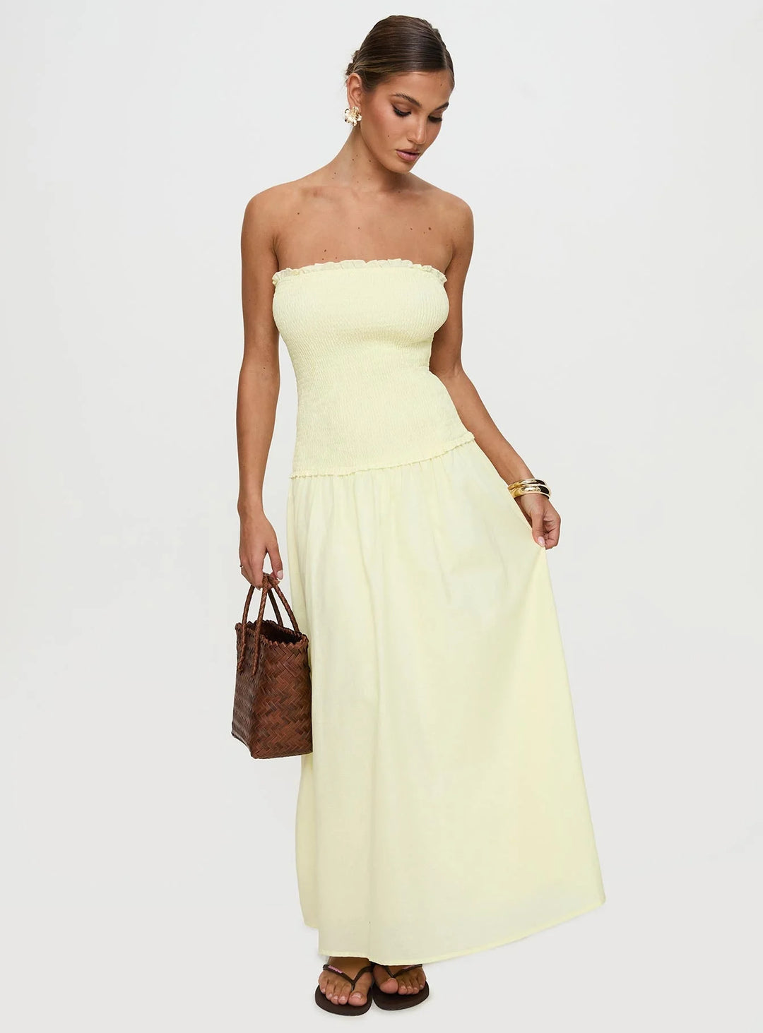 Dame off-shoulder maxikjole med rynket overdel Stilla
