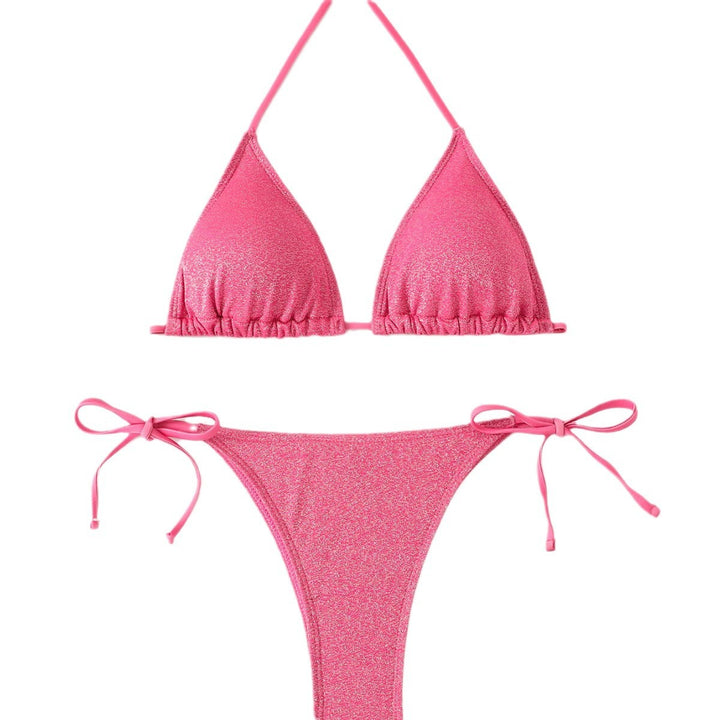 Dame skinnende trekants-top og bindeside-bikini-bukser-sæt Stilla