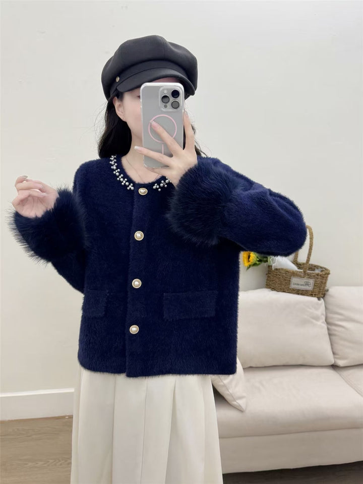 Damer elegant cardigan med perle dekoration og fluffy ærmer Stilla