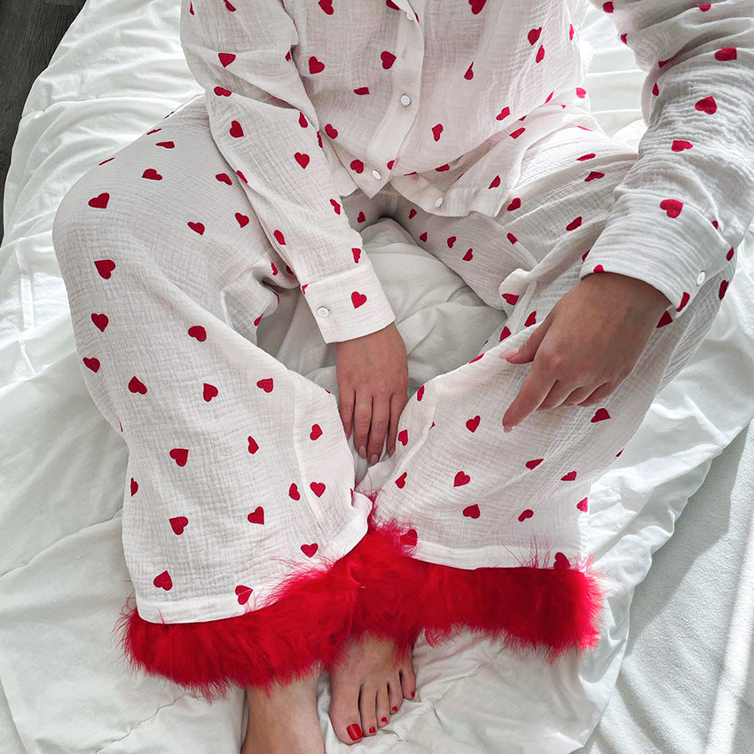 Dame Blødt Pyjama-Sæt med Hjerter og Fuzzy Afslutninger Stilla