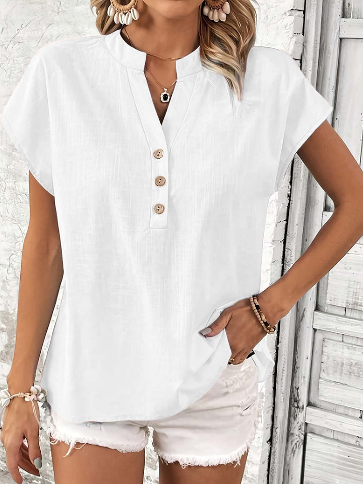 Dame kortærmet bluse med knapliste og elegant ståkrave Stilla