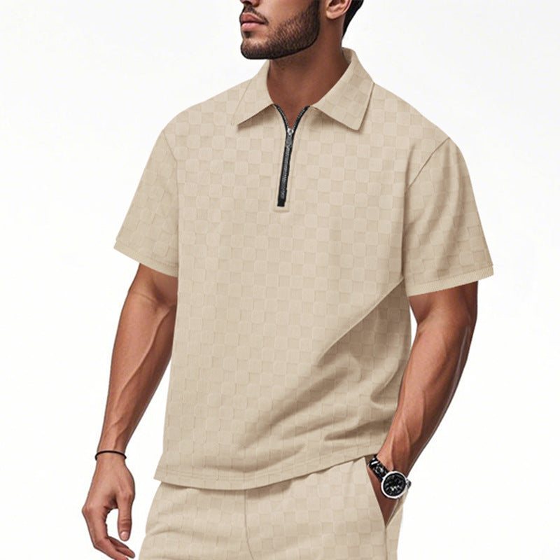 Herren nan kort halvlyn poloshirt i struktureret wafflestrik med skjortekrave og figursyet pasform Skovae