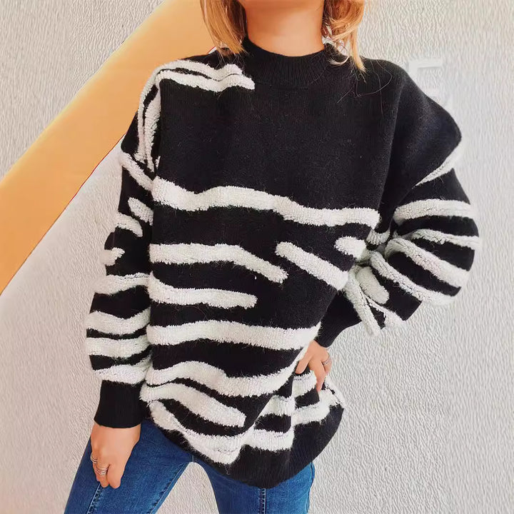 Damer hyggelig strikket sweater med tiltalende zebra-stribemønster Stilla