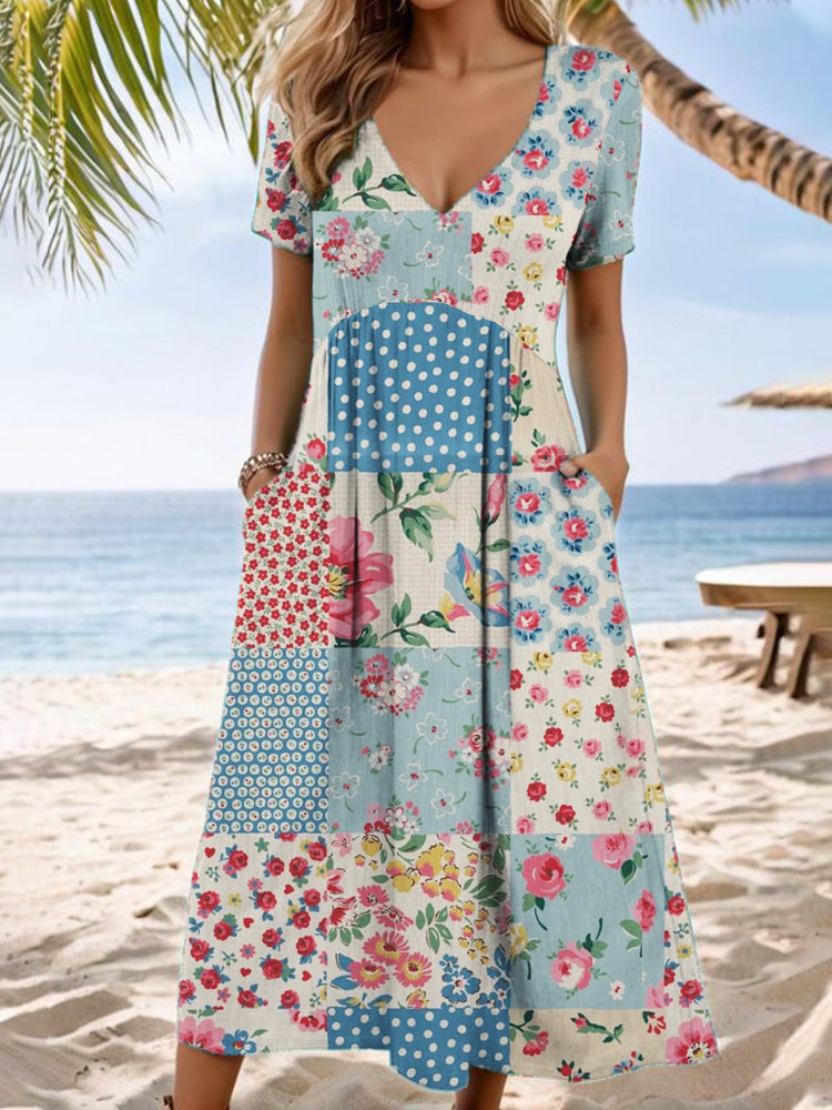 Dame Maxikjole med blomster patchwork-design Skovae