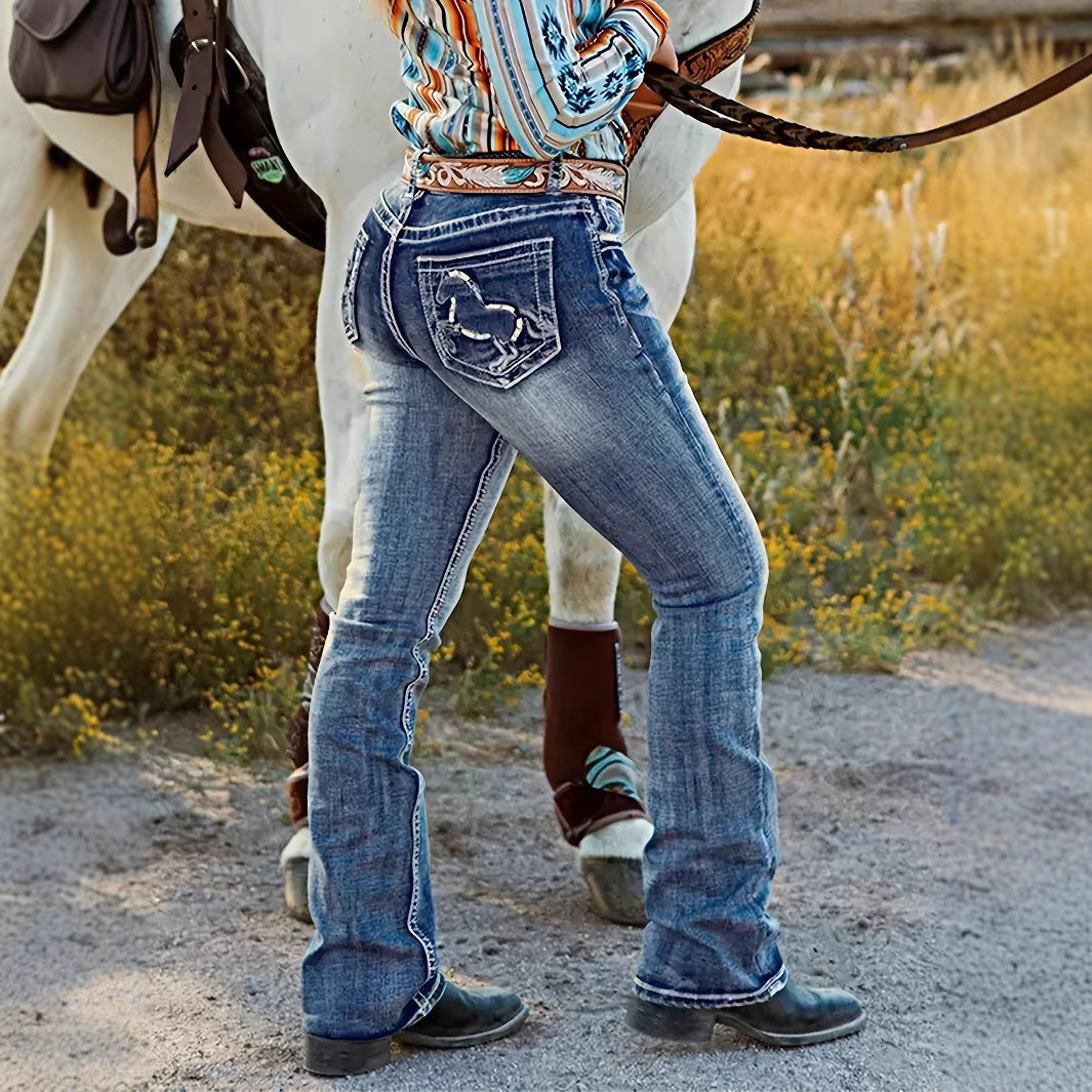Dame jeans i western-stil med detaljeret hest-applikation Stilla