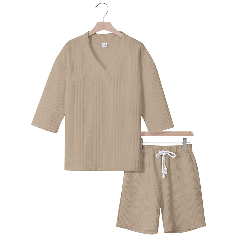 Unisex nan afslappet lounge-sæt med V-hals-top og snorbund-shorts Skovae