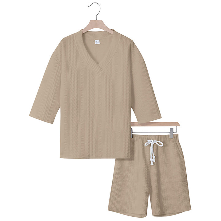 Unisex nan afslappet lounge-sæt med V-hals-top og snorbund-shorts Skovae