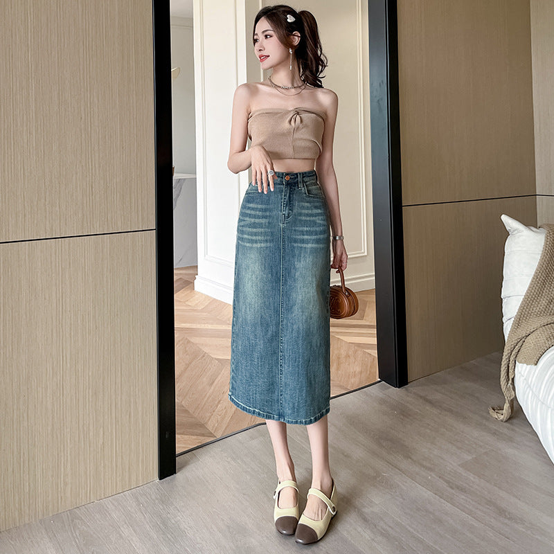 Damer Lang Denim Nederdel med Front Slids Stilla